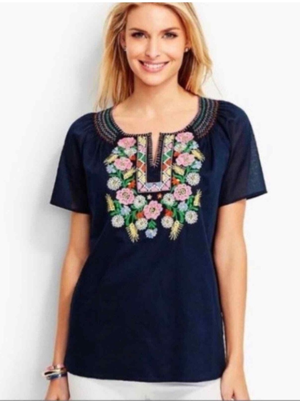 Talbots Embroidered Top Navy Blue Bohemian Shirt Cotton Boho Peasant Vibe M